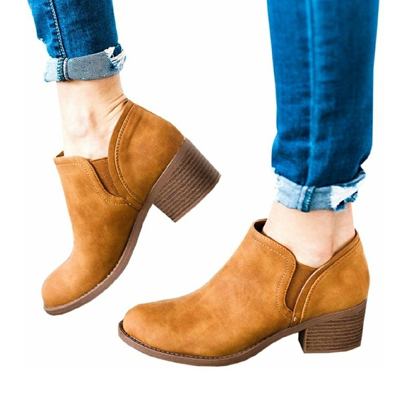Shoes - Vegan Leather Stacked Block Heel Ankle Booties